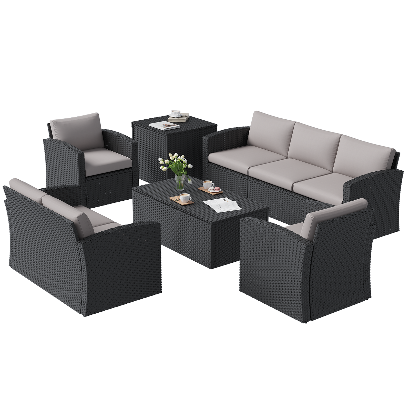 YODOLLA 7 PCS Outdoor Patio Furniture Sets with 2 Storage Boxes, Black & Grey