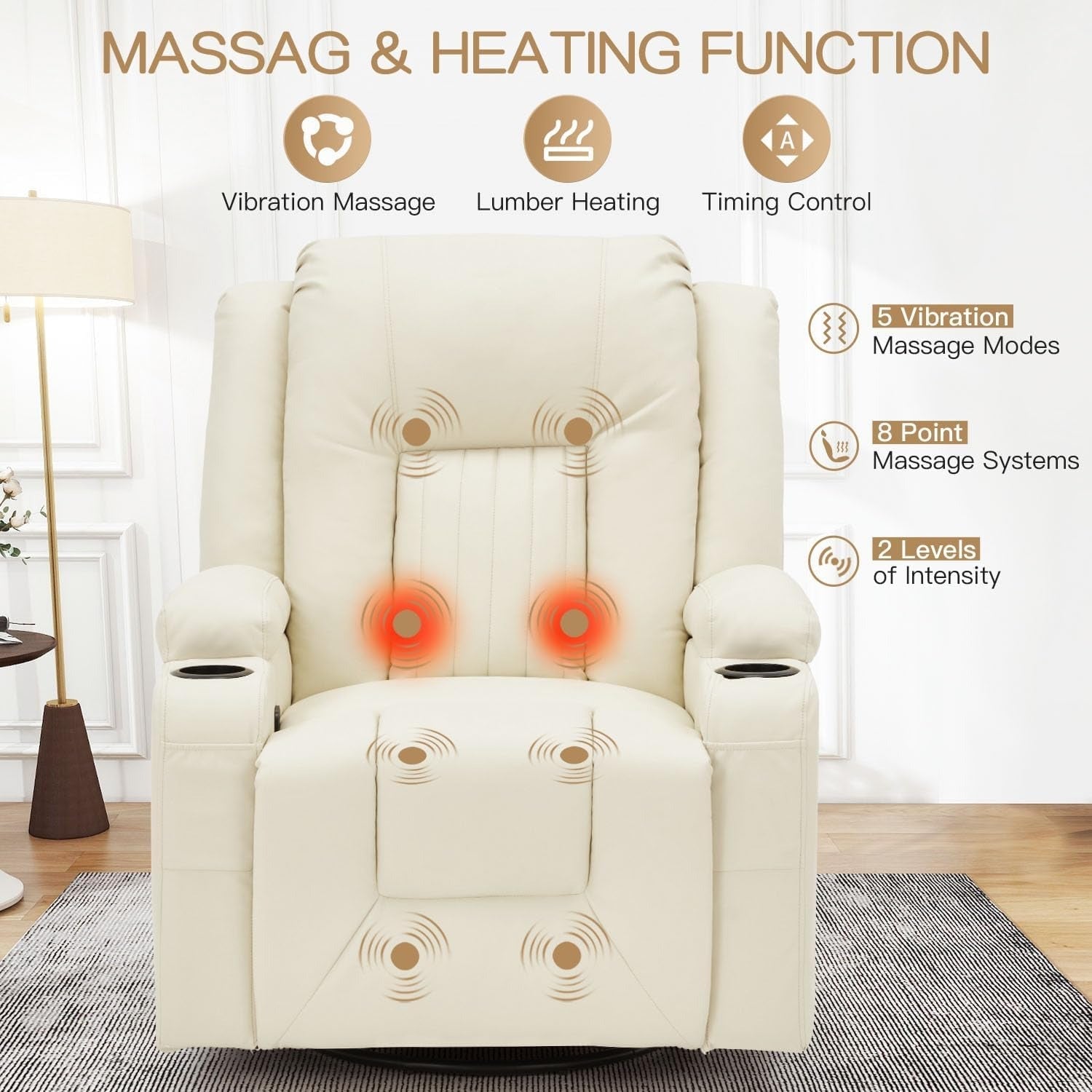 YODOLLA Recliner Chair with Heat&Massage, PU Leather Cream Whitebest