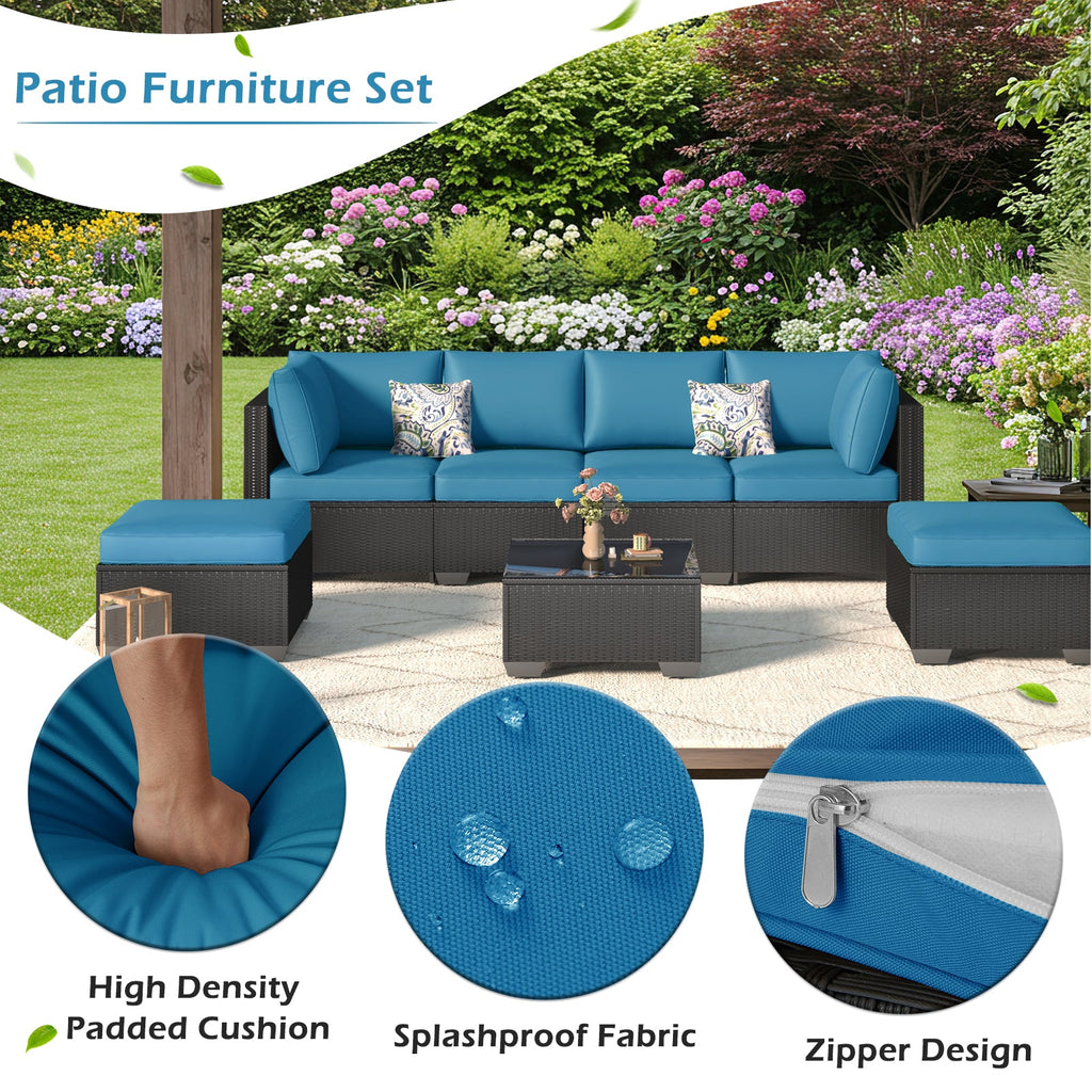 YODOLLA 7 Piece Outdoor Patio Furniture Set, Black & Peacok Bluebest