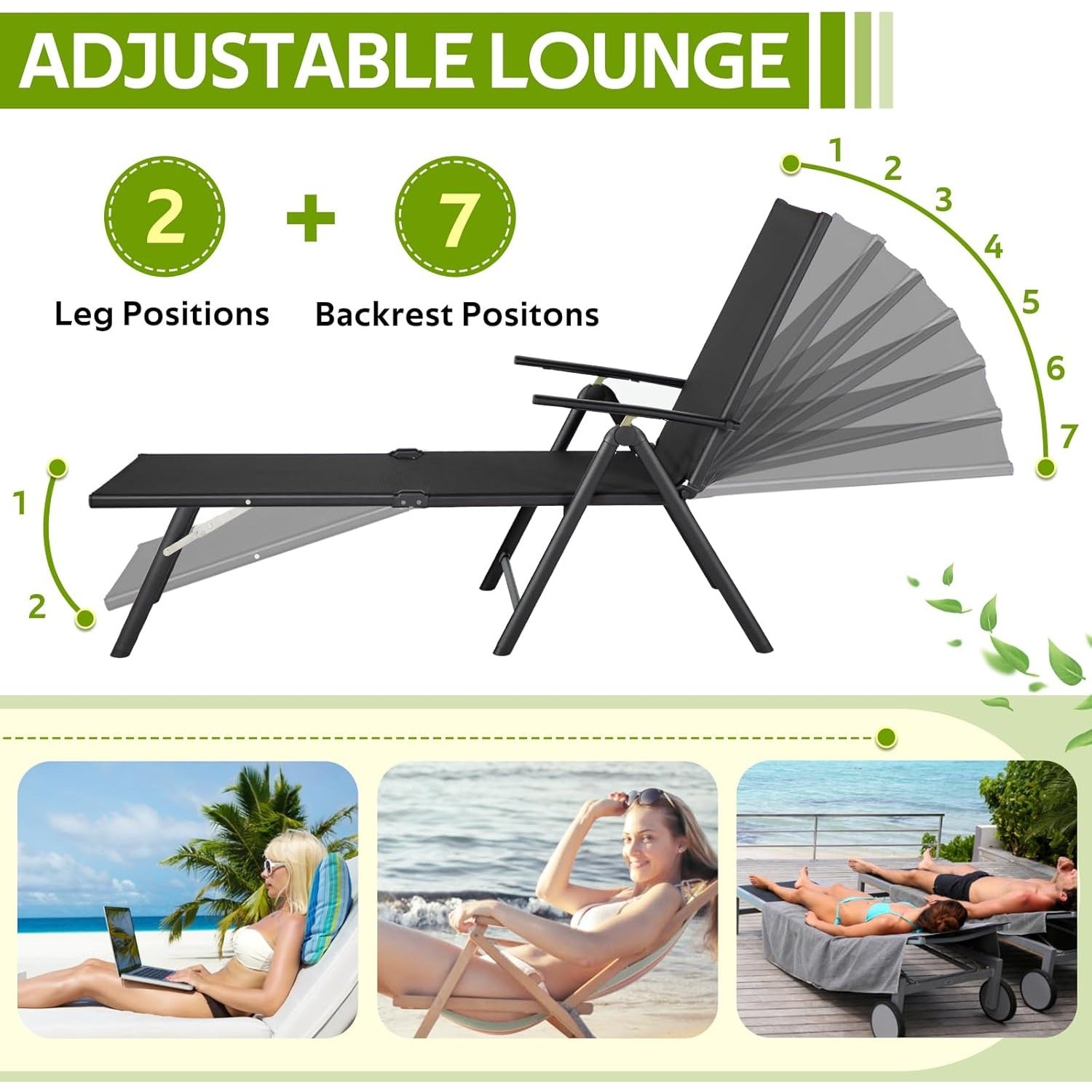 YODOLLA 7 Back & 2 Leg Adjustable Outdoor Chaise Lounge Chair, Black