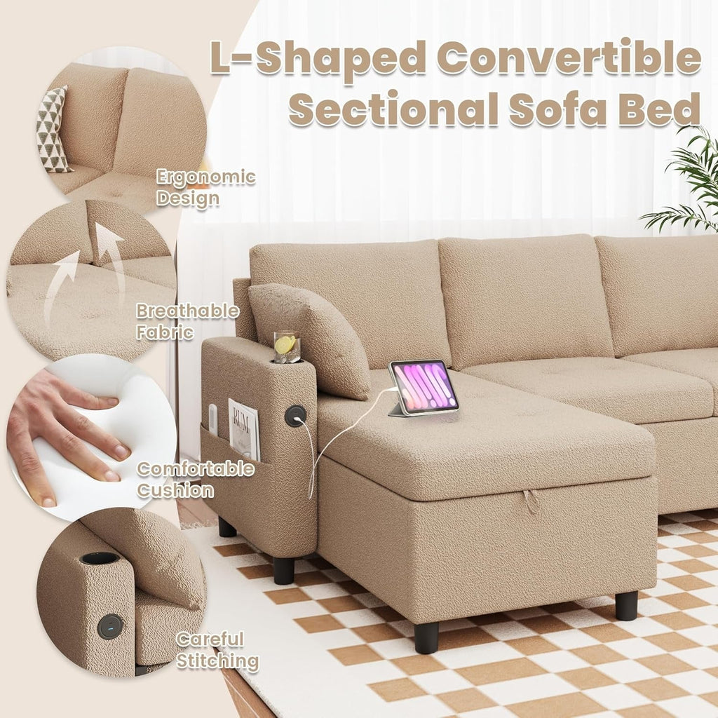 YODOLLA Teddy Velvet L-Shaped Sleeper Sofa, Pullout Bed, USB & Storage, Brownbest