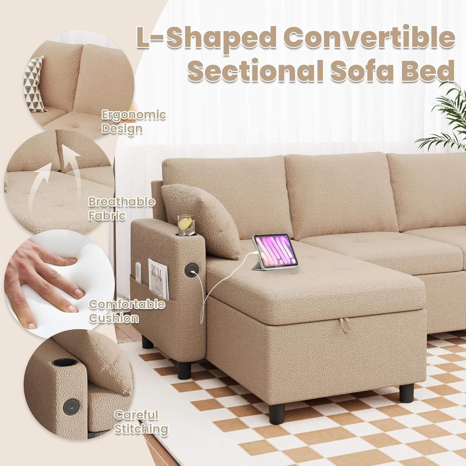 YODOLLA Teddy Velvet L-Shaped Sleeper Sofa, Pullout Bed, USB & Storage, Brownbest