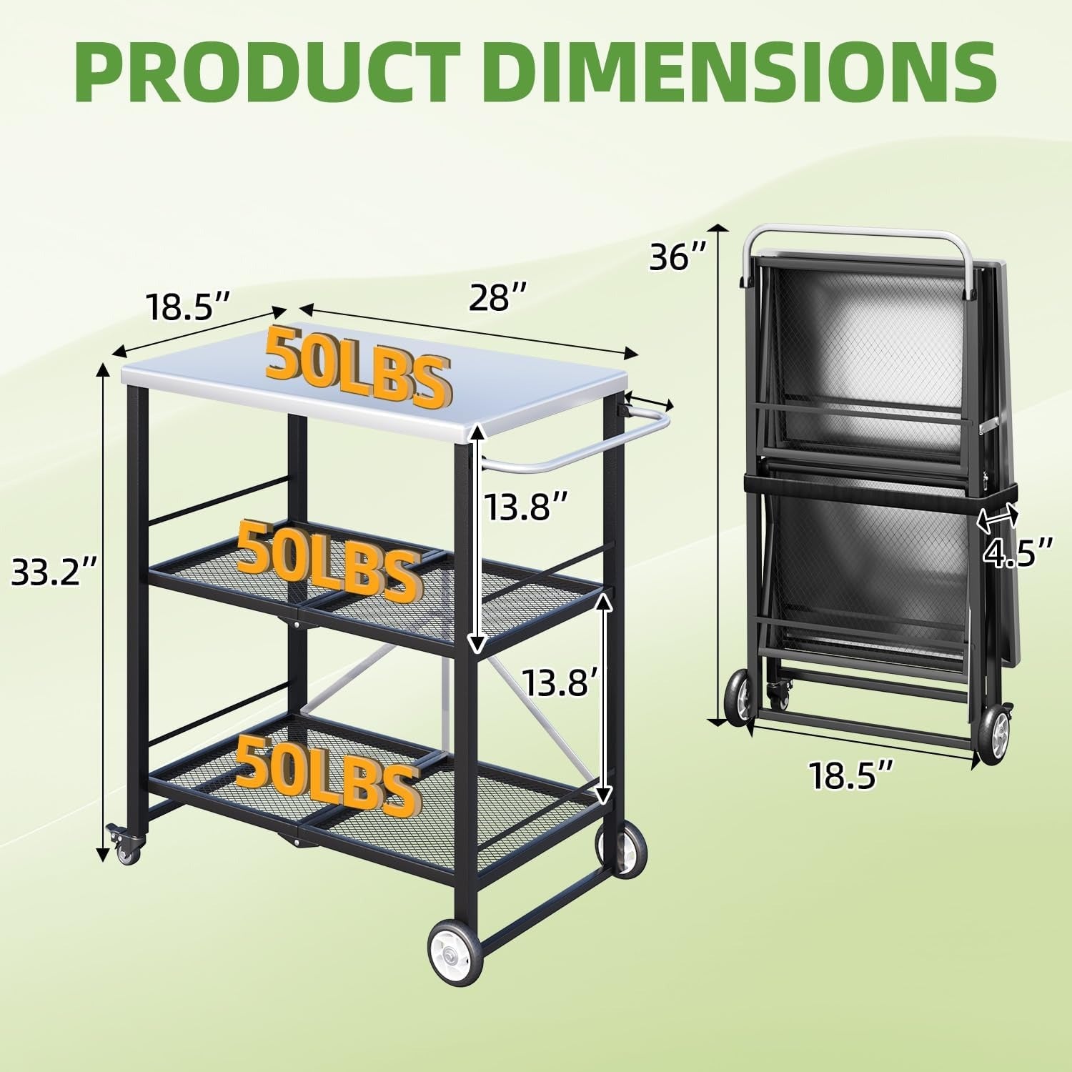 YODOLLA Foldable Stainless Steel Grill Cart Table with Wheels, Silverbest