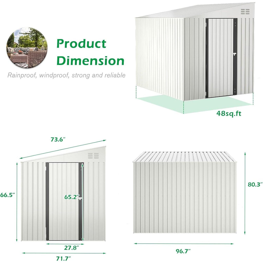 YODOLLA Outdoor 6' x 8' Metal Wall Side Lean to Storage Shed, White