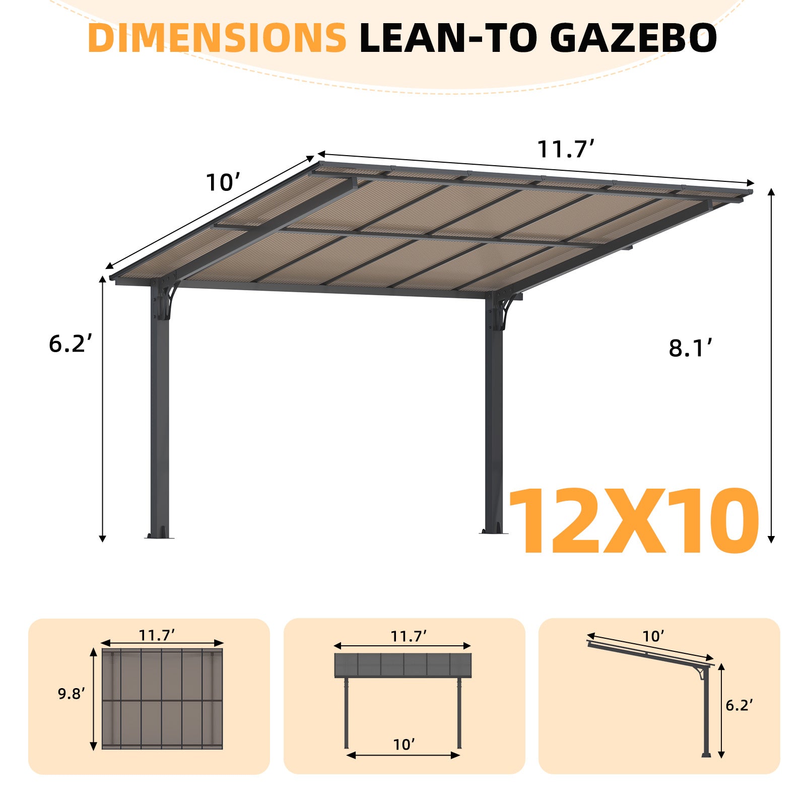 YODOLLA 12' x 10' Gazebo, Outdoor 10x12 Pergola Carport for Patio, Freestanding Lean to Hardtop Gazebo, Pergolas and Gazebos Clearance with Roof