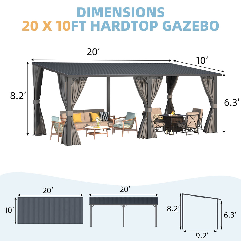 YODOLLA 20'x8' Outdoor Hardtop Metal Gazebo with Curtains and Netting for Patio