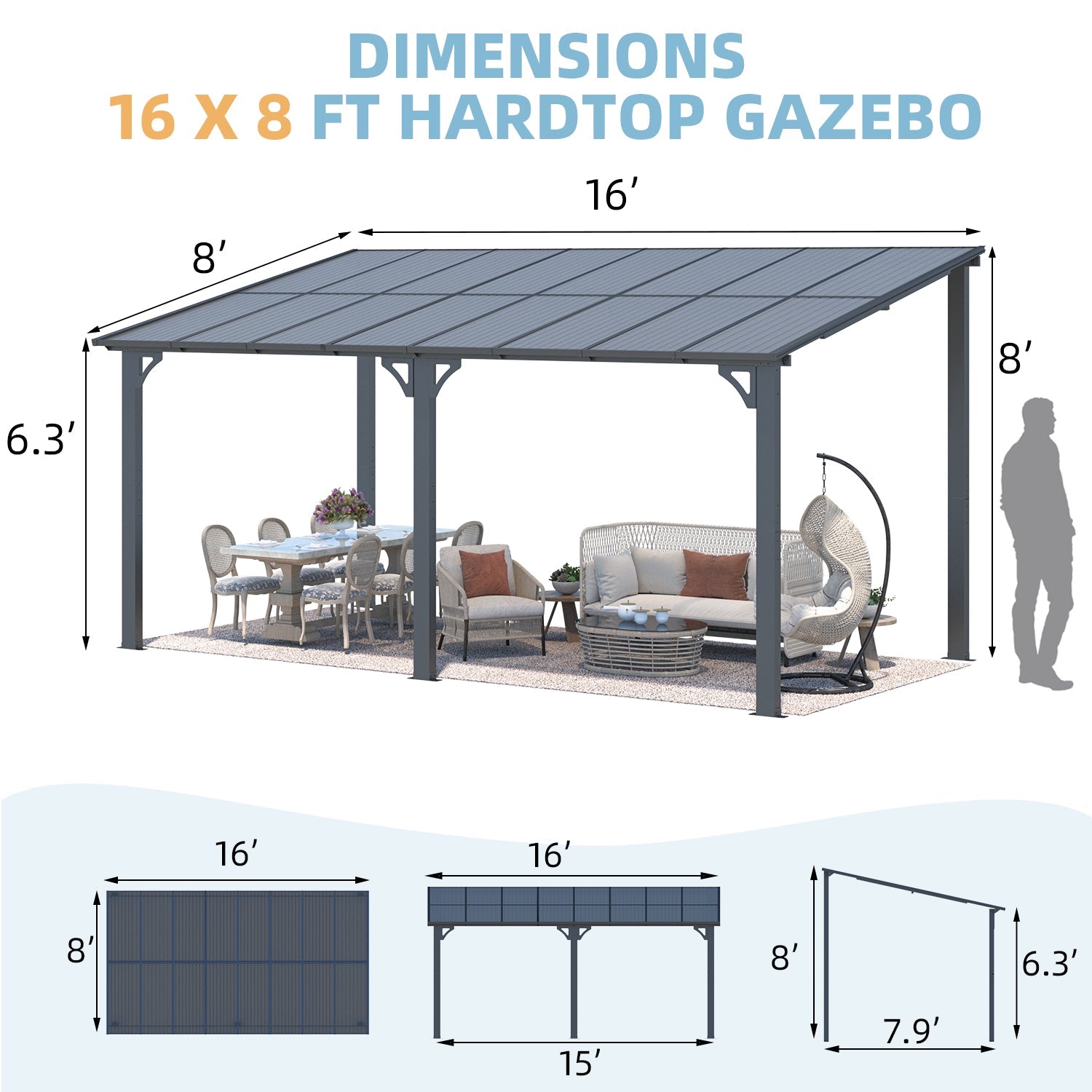 YODOLLA 16' x 8' Hard Top Lean to Gazebo Outdoor Pergola, Dark Gray