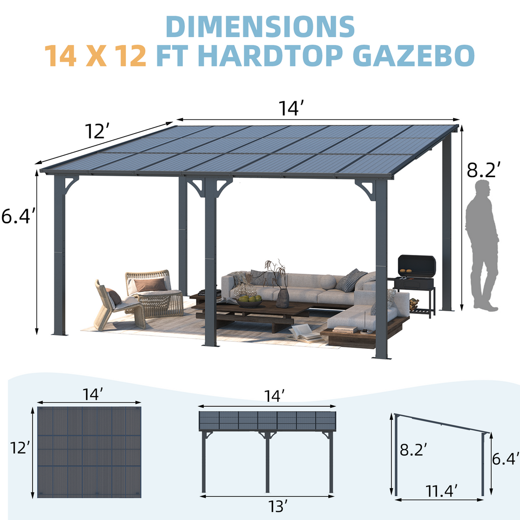 YODOLLA 14' x 12' Hard Top Lean to Gazebo Outdoor Pergola, Dark Gray