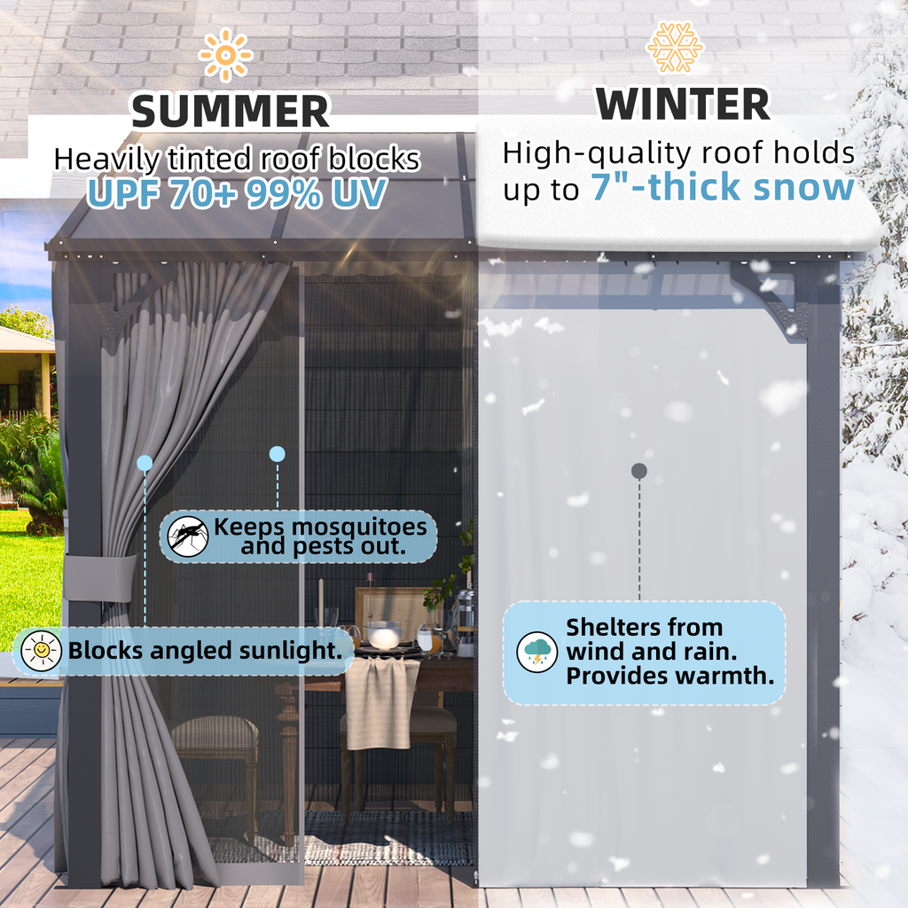 YODOLLA 8' X 8' Wall-Mounted Lean to Pergola Gazebo with Curtains and Netting