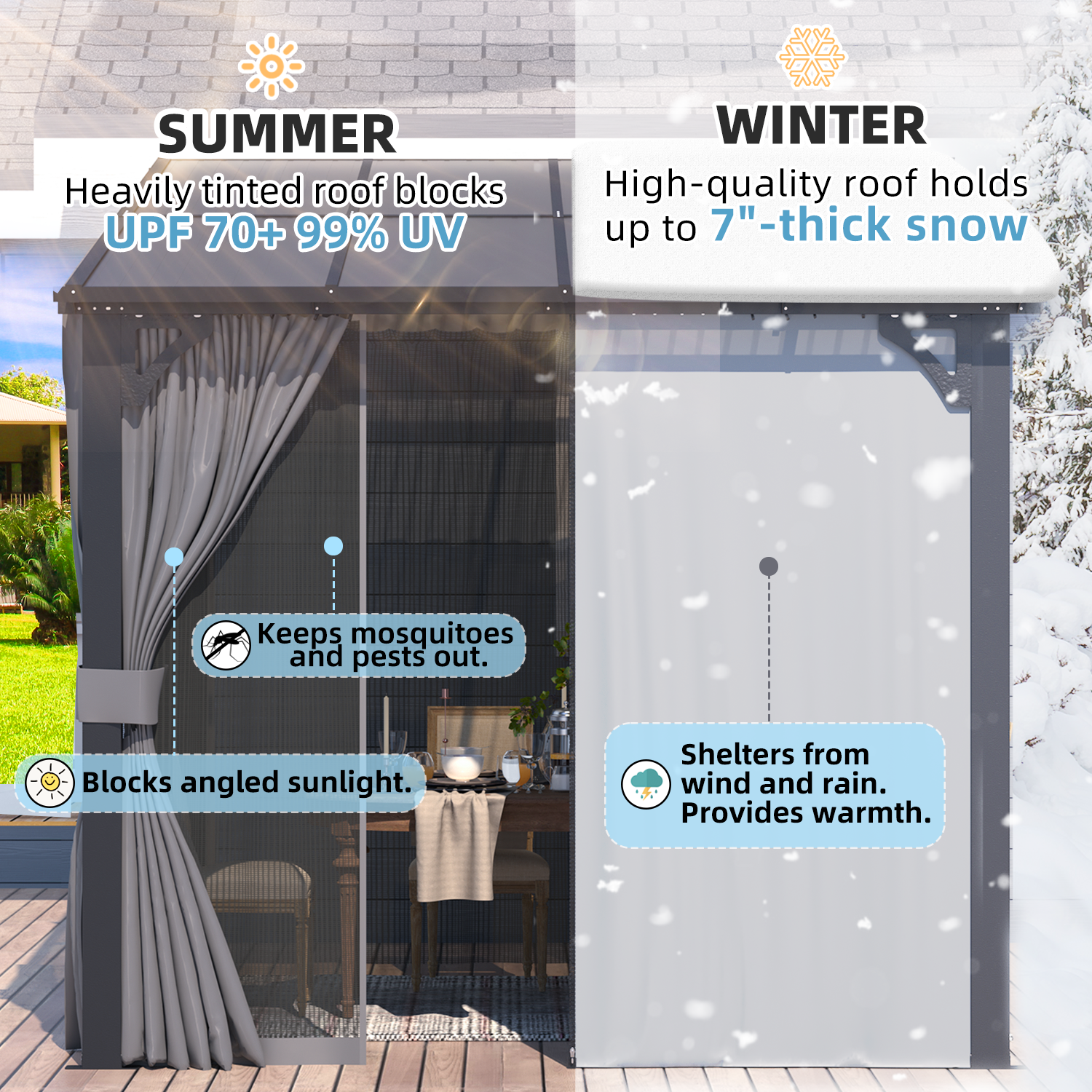 YODOLLA 8' X 8' Wall-Mounted Lean to Pergola Gazebo with Curtains and Netting