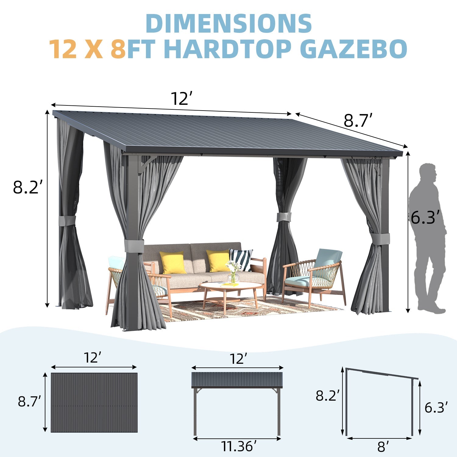 YODOLLA 12'x8' Outdoor Hardtop Gazebo Pergola with Curtains and Netting for Patio