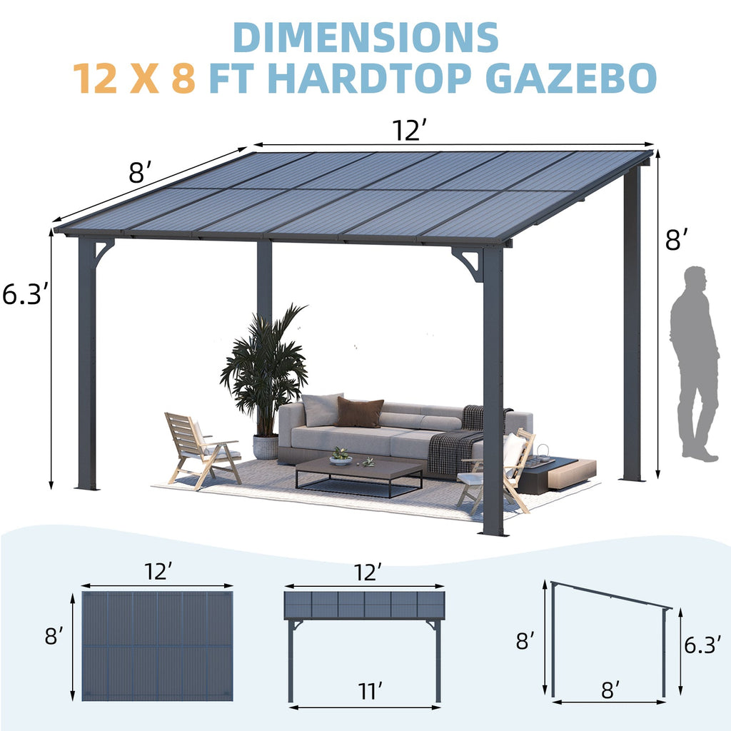 YODOLLA 12' x 8' Hard Top Lean to Gazebo Outdoor Pergola, Dark Graybest