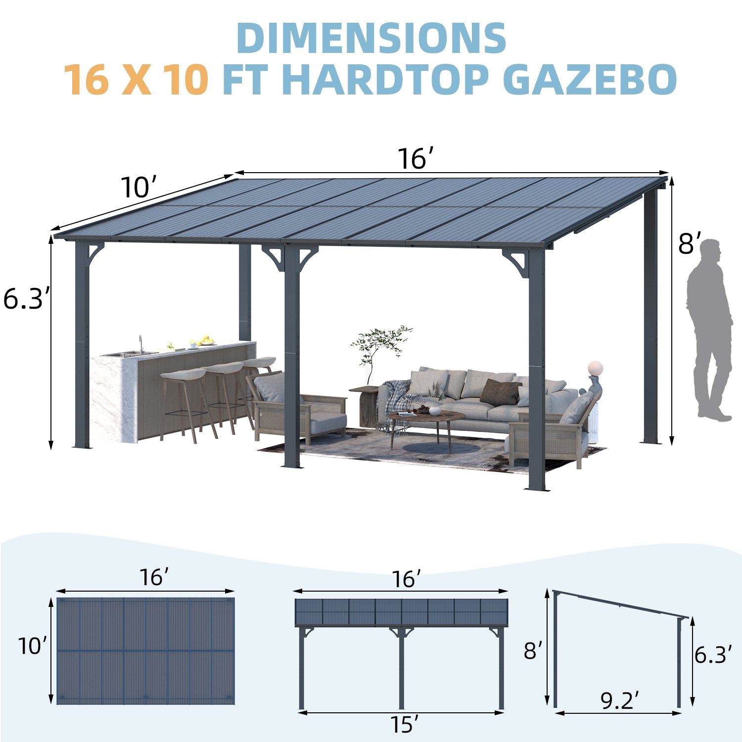 YODOLLA 16' x 10' Gazebo Outdoor Pergola，Dark Graybest