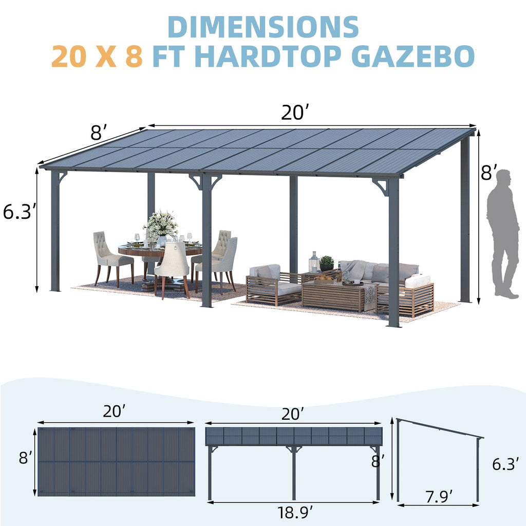 YODOLLA 20' x 8' Gazebo Outdoor Pergola, Dark Grey