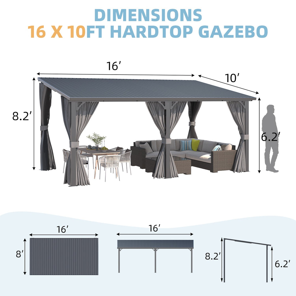 YODOLLA 16'x10' Outdoor Hardtop Gazebo Pergola with Curtains and Netting for Patio