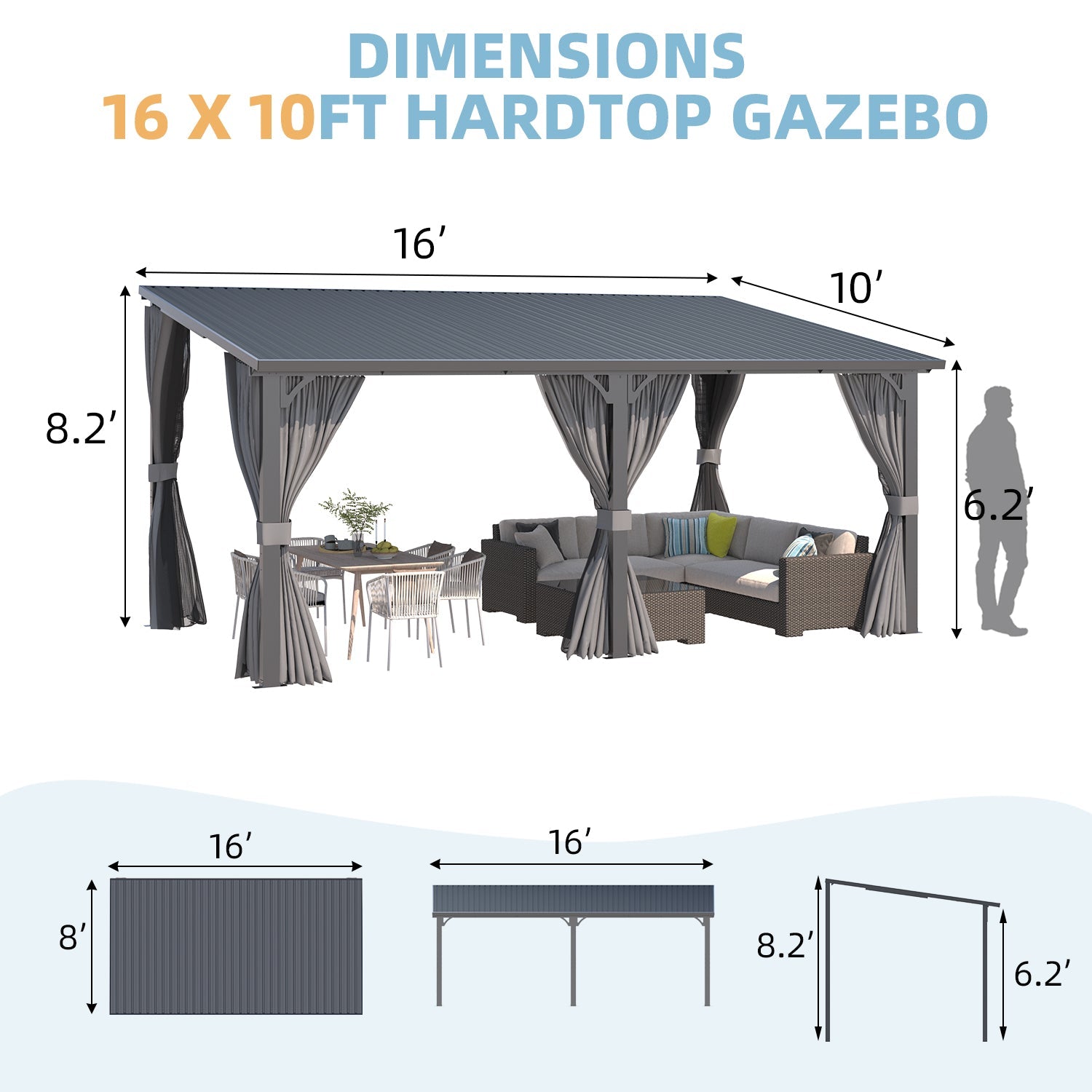 YODOLLA 16'x10' Outdoor Hardtop Gazebo Pergola with Curtains and Netting for Patio