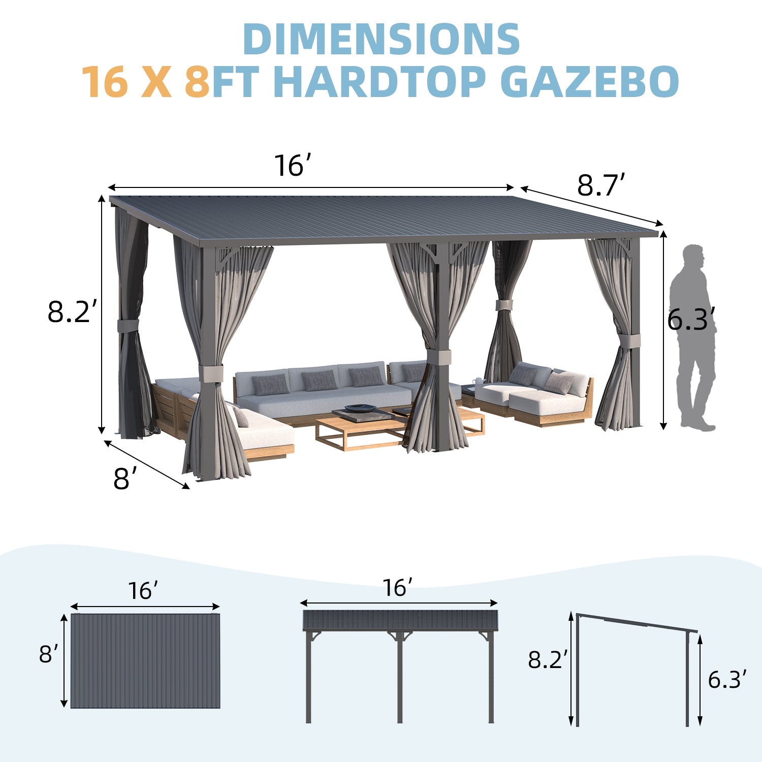 YODOLLA 16'x8' Outdoor Hardtop Metal Gazebo with Curtain and Netting