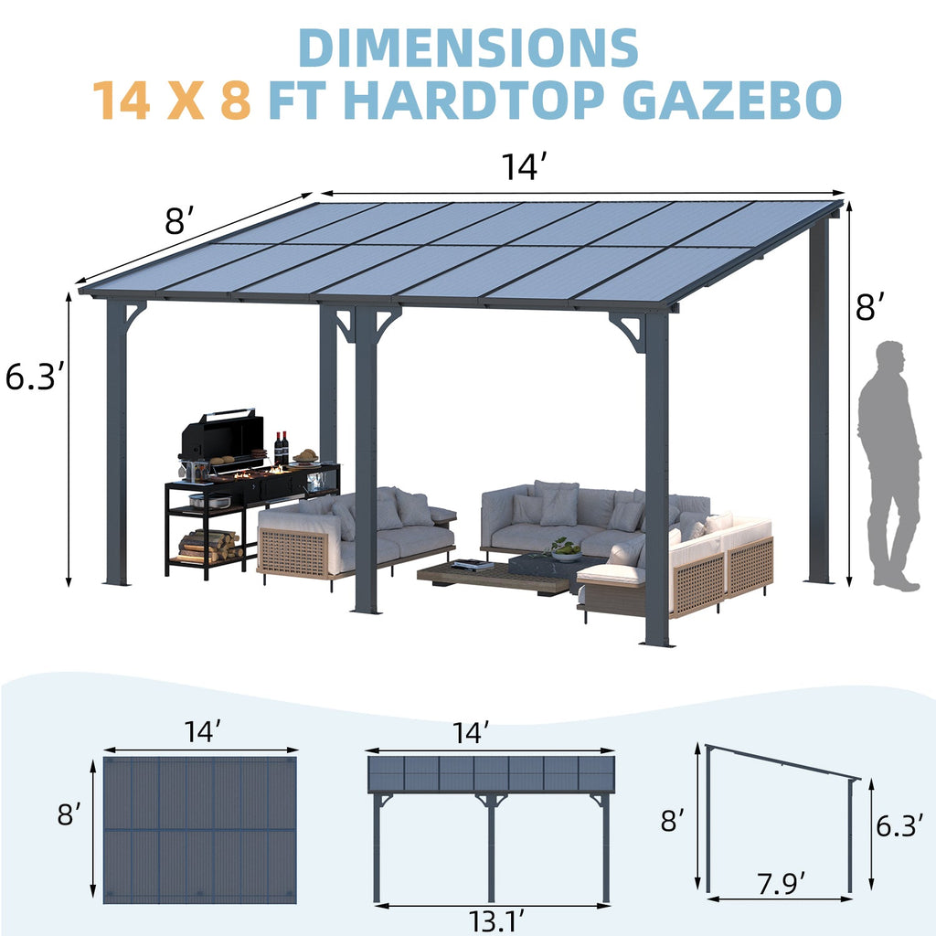 YODOLLA 14' x 8' Hard Top Lean to Gazebo Outdoor Pergola, Dark Gray