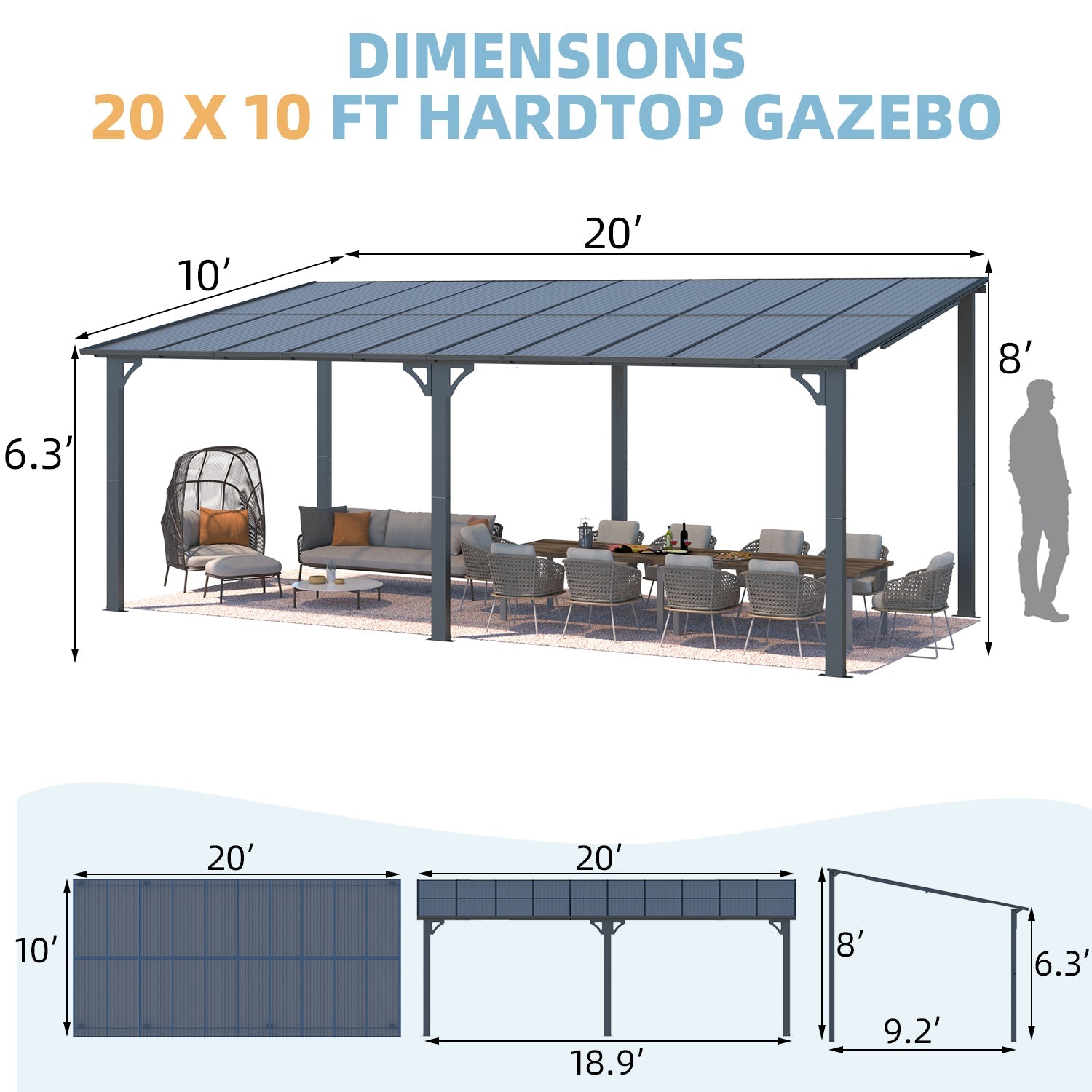YODOLLA 20' x 10' Gazebo Outdoor Pergola