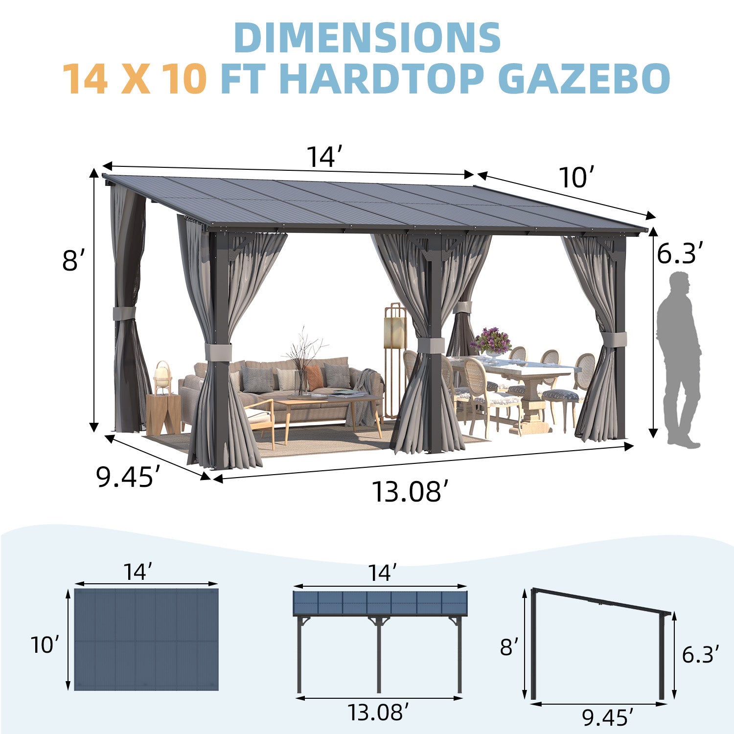 YODOLLA 14’ x 10’ Wall-Mounted Lean to Pergola Gazebo with Curtains and Netting