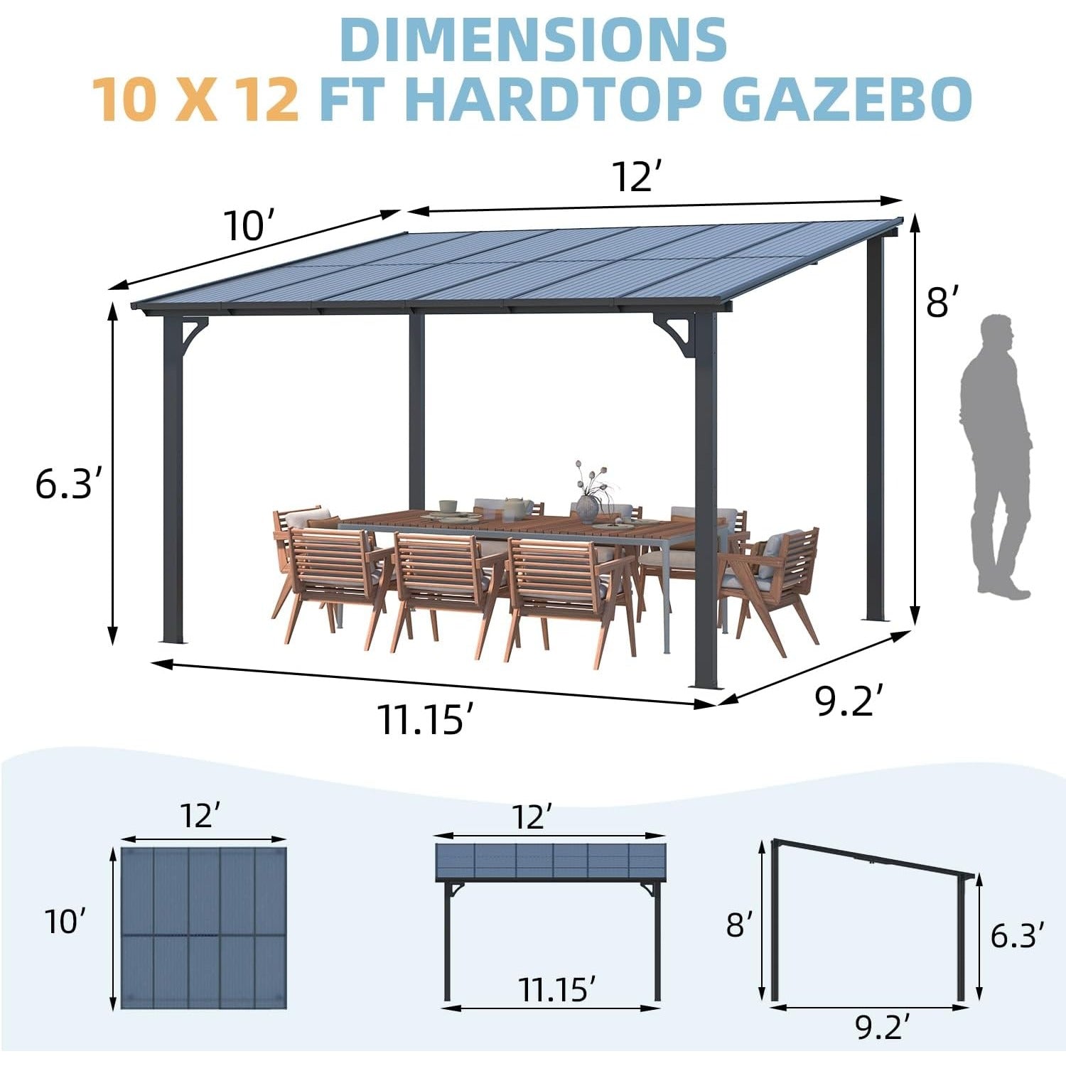YODOLLA 12’ x 10’ Hard Top Lean to Gazebos Pergola, Dark Grey