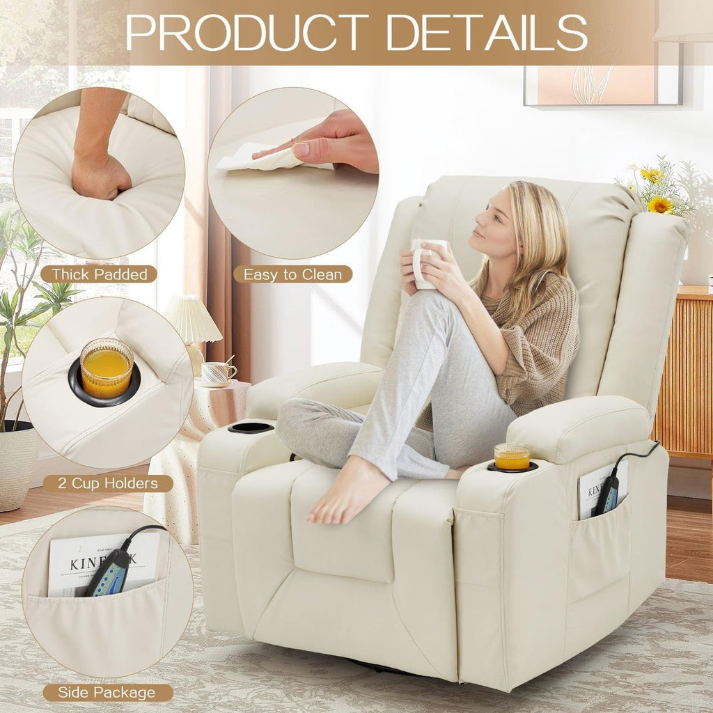 YODOLLA Recliner Chair with Heat&Massage, PU Leather Cream Whitebest
