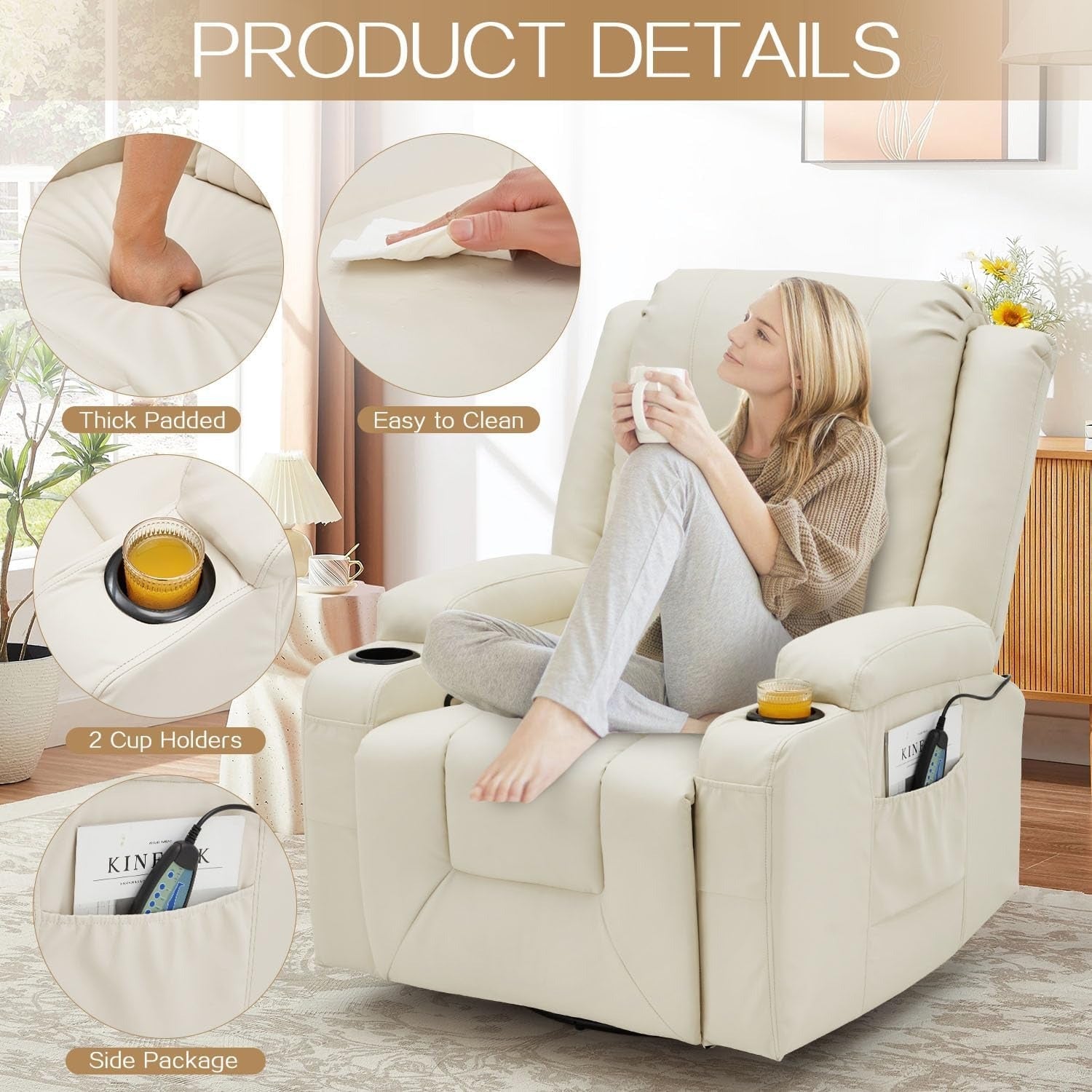 YODOLLA Recliner Chair with Heat&Massage, PU Leather Cream Whitebest