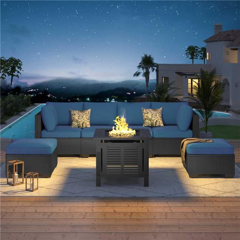 YODOLLA 7 Piece Outdoor Patio Furniture Set with 30 Inch Fire Pit Table, Black Rattan Dark Blue Cushion