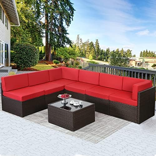 YODOLLA 7 Piece Outdoor Patio Furniture Set with Extra 43'' Fire Pit Table, Brown Rattan & Red Cushion