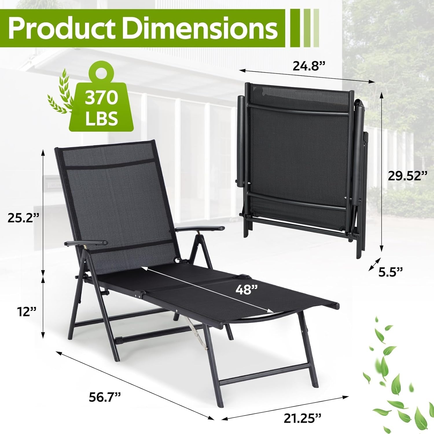 YODOLLA 7 Back & 2 Leg Adjustable Outdoor Chaise Lounge Chair Set of 2, Black