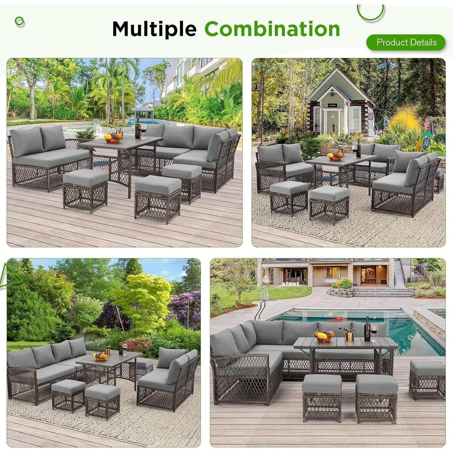 YODOLLA 7 Pieces Wicker Conversation Set with Ottoman Patio Furniture Set, Grey