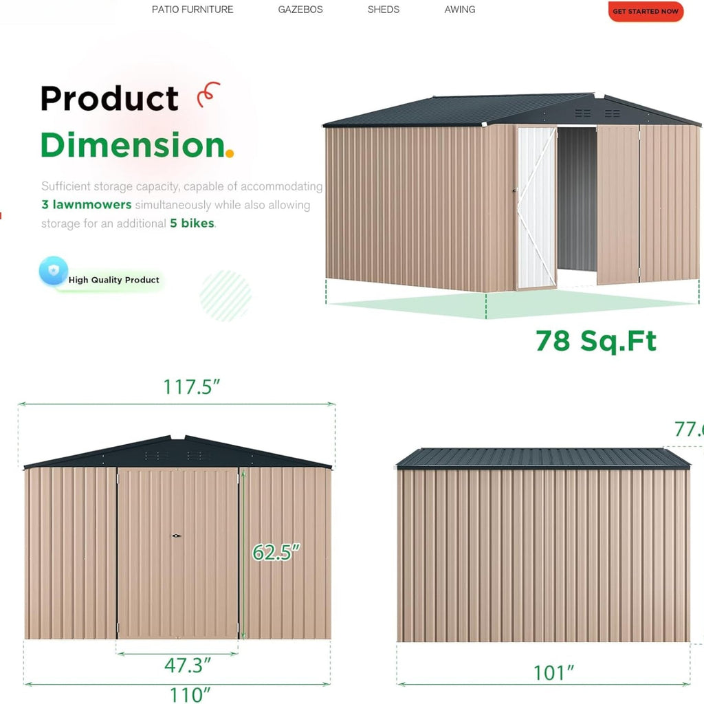 YODOLLA 9' x 10' Metal Storage Large Shed, Grey