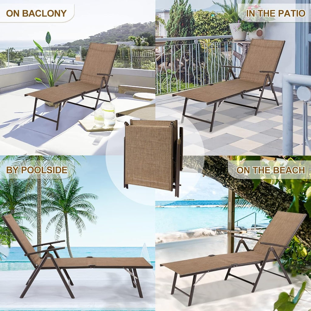 YODOLLA 7 Back & 2 Leg Adjustable Outdoor Chaise Lounge Chair Set of 2, Brown