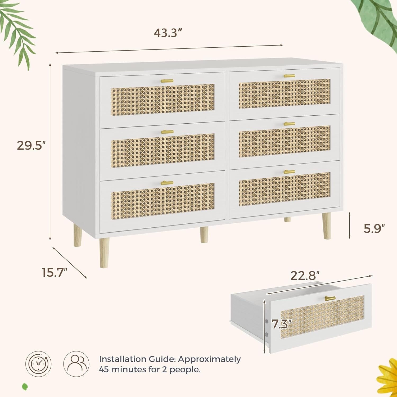 YODOLLA Wicker Dresser 6 Drawer Rattan Dresser, Whitebest