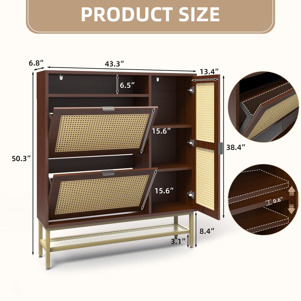 YODOLLA Rattan Shoe Cabinet with 3 Flip Drawers, Brownbest