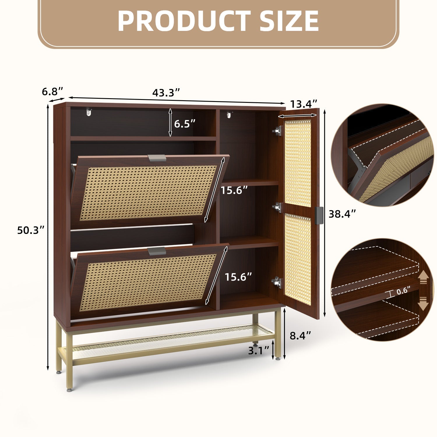 YODOLLA Rattan Shoe Cabinet with 3 Flip Drawers, Brownbest