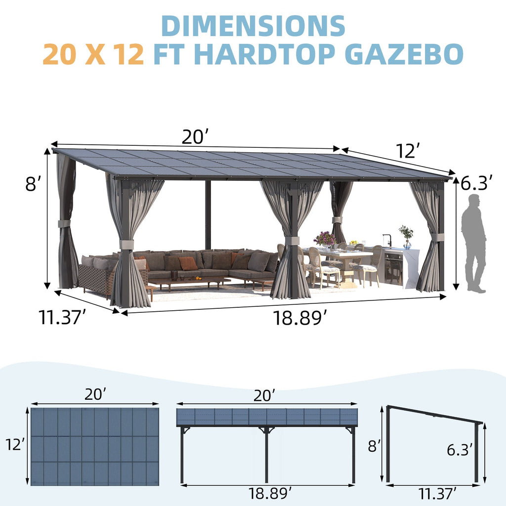 YODOLLA 20’ x 12’ Wall-Mounted Lean to Pergola Gazebo with Curtains and Nettingbest