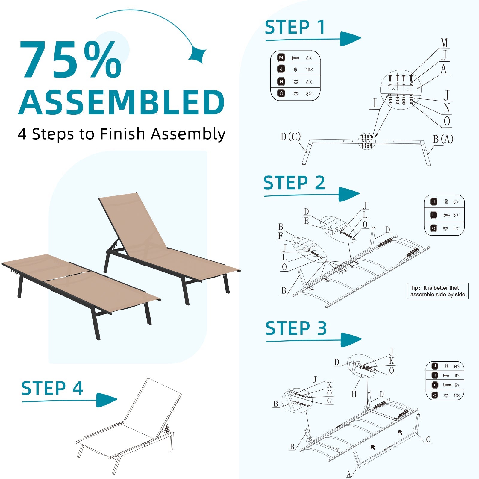 YODOLLA 2 PCS Curved Design Pool Lounge Chairs, Beige