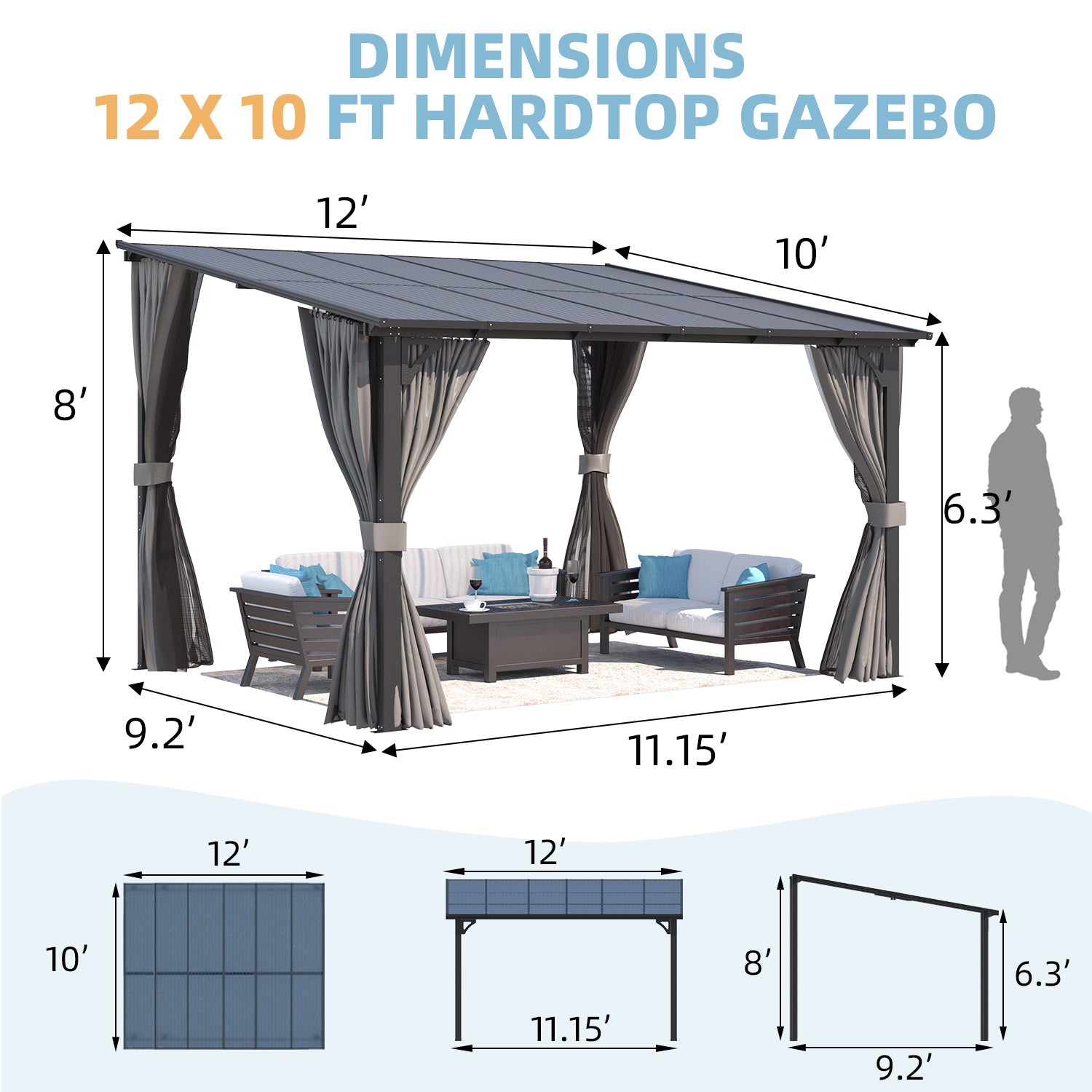 YODOLLA 12’ x 10’ Wall-Mounted Lean to Pergola Gazebo with Curtains and Netting