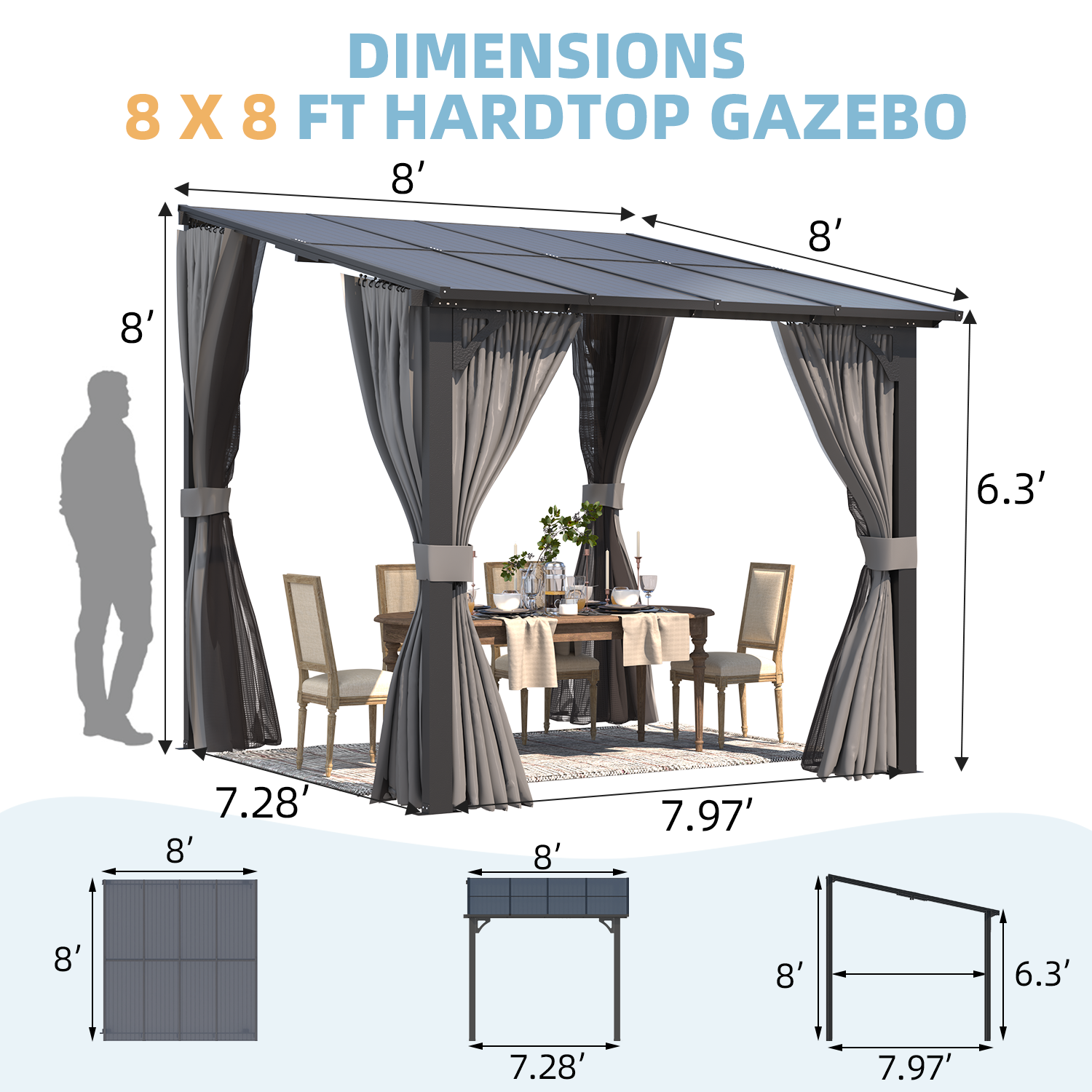 YODOLLA 8' X 8' Wall-Mounted Lean to Pergola Gazebo with Curtains and Netting