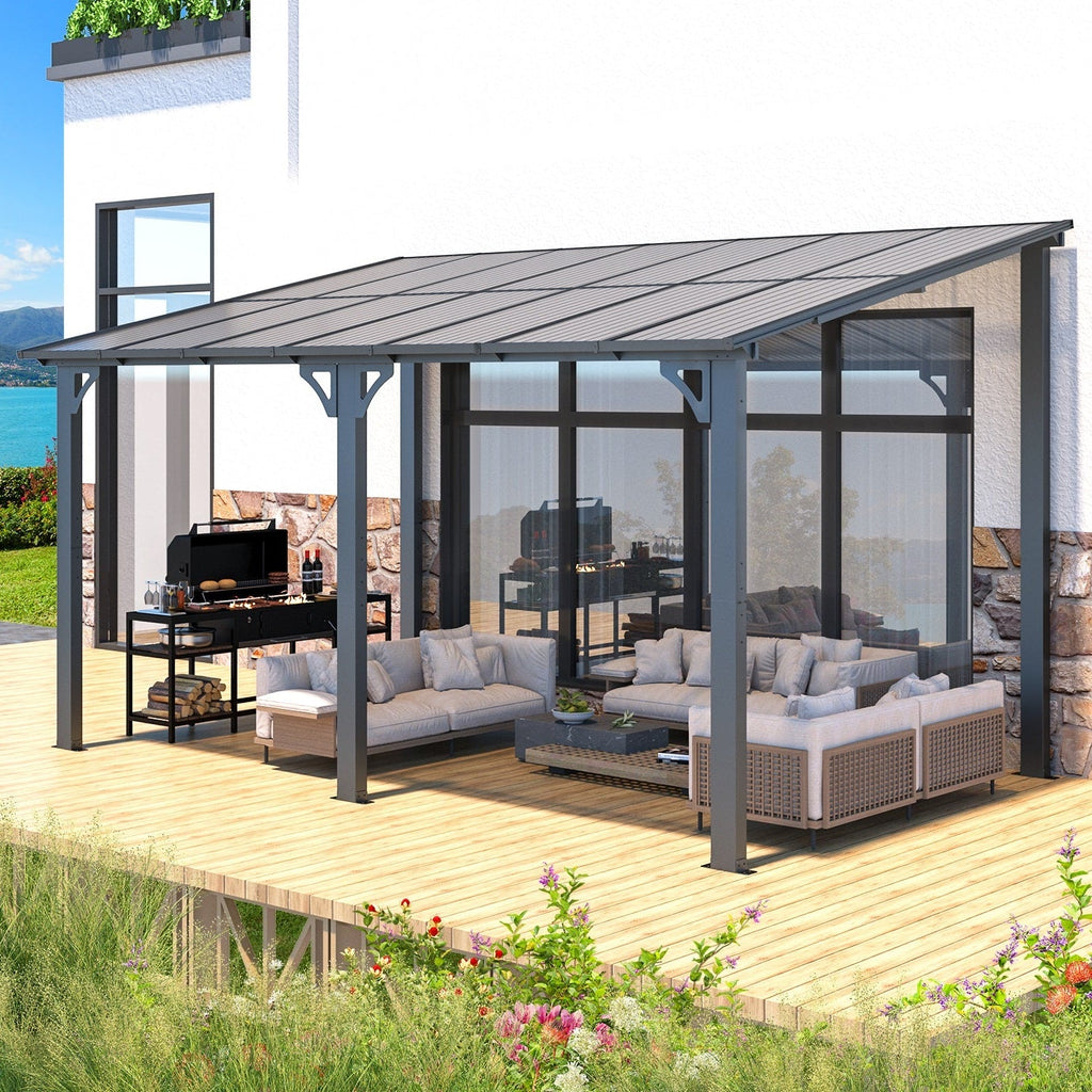 YODOLLA 14' x 8' Hard Top Lean to Gazebo Outdoor Pergola, Dark Gray