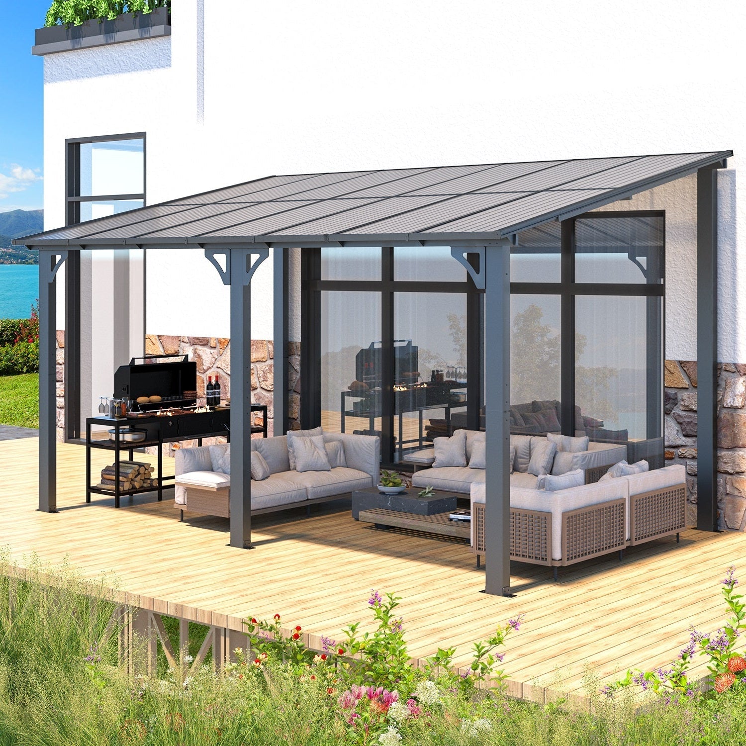 YODOLLA 14' x 8' Hard Top Lean to Gazebo Outdoor Pergola, Dark Gray