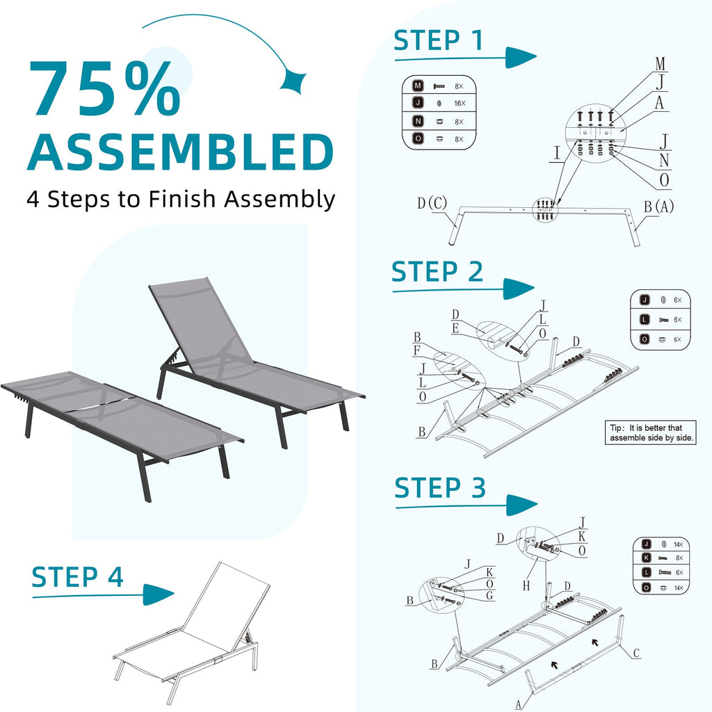 YODOLLA 4 PCS Curved Design Pool Lounge Chairs, Dark Grey