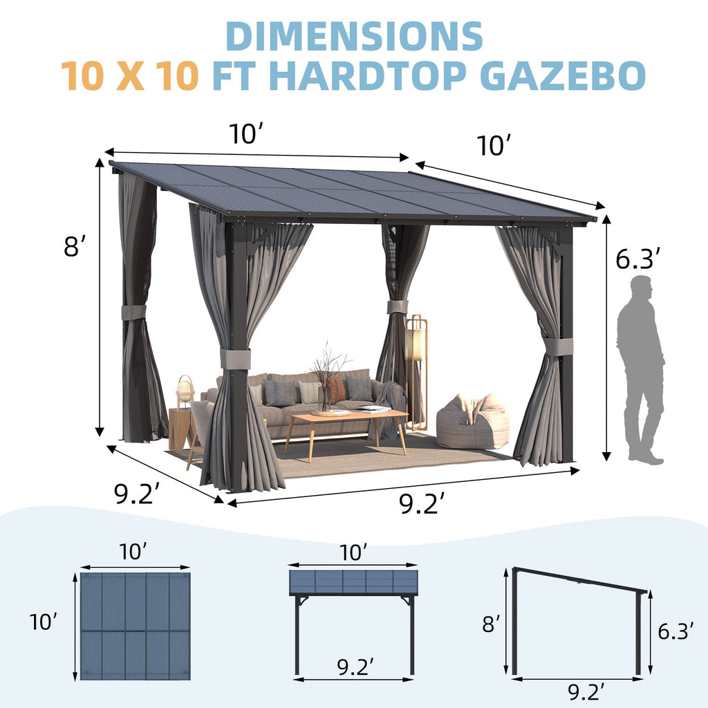 YODOLLA 10’ x 10’ Wall-Mounted Lean to Pergola Gazebo with Curtains and Netting