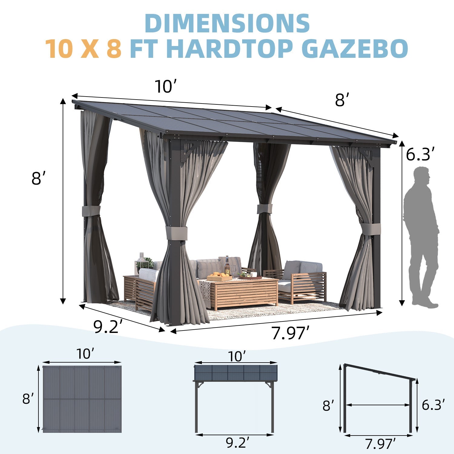 YODOLLA 10' X 8' Small Wall-Mounted Lean to Pergola Gazebo with Curtains and Netting