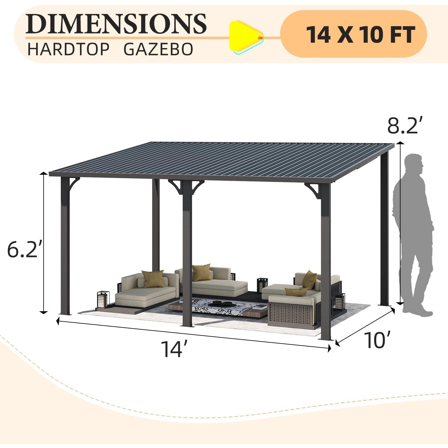 YODOLLA 14' x 10' Hard Top Lean to Gazebo Outdoor Pergola, Dark Grey