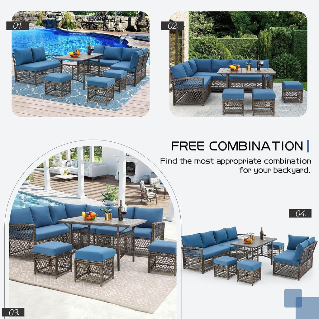 YODOLLA 7 Pieces Wicker Conversation Set with Ottoman Patio Furniture Set, Blue