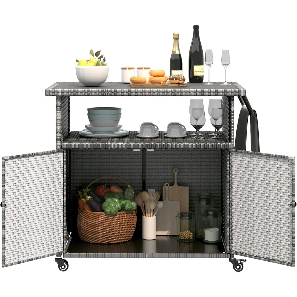 YODOLLA Outdoor Bar Cart with Storage Cabinet, Rattan Bar Table on Wheelsbest