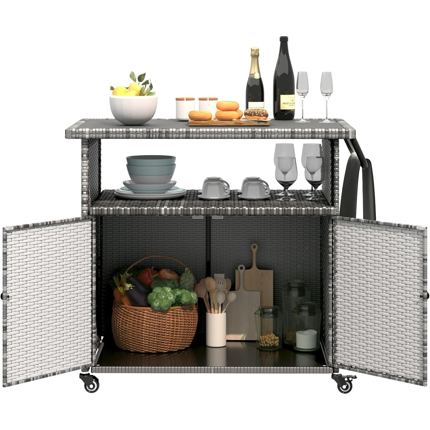 YODOLLA Outdoor Bar Cart with Storage Cabinet, Rattan Bar Table on Wheelsbest
