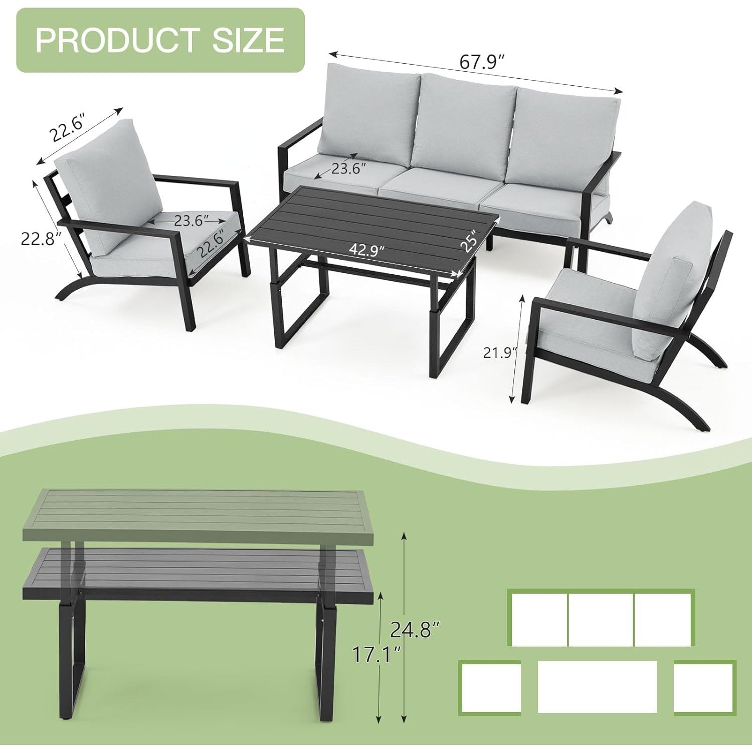 YODOLLA Aluminum Patio Furniture Set Metal Outdoor Furniture, Light Grey